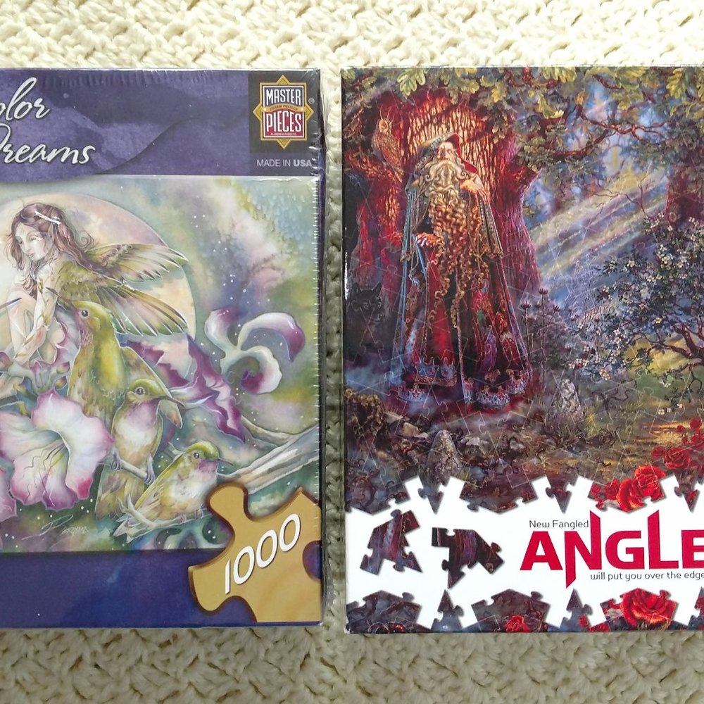 2 NEW Adult Puzzles~Fantasy Lot~New Fangled Angles Merlin~Watercolor Bird/Fairy